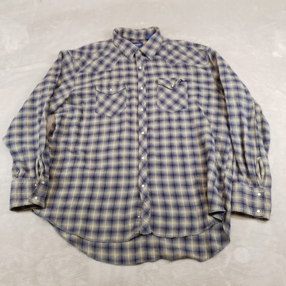 Wrangler Shirt Mens XL Blue Western Plaid Pearl Snap Button Up Cowboy Flannel